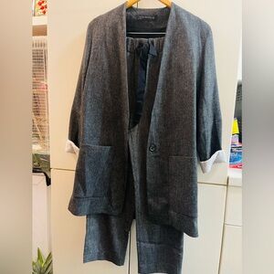 ZARA WOMAN OVERSIZED V-NECK HERRINGBONE CARDIGAN JACKET/ Pants Suit Gray XS